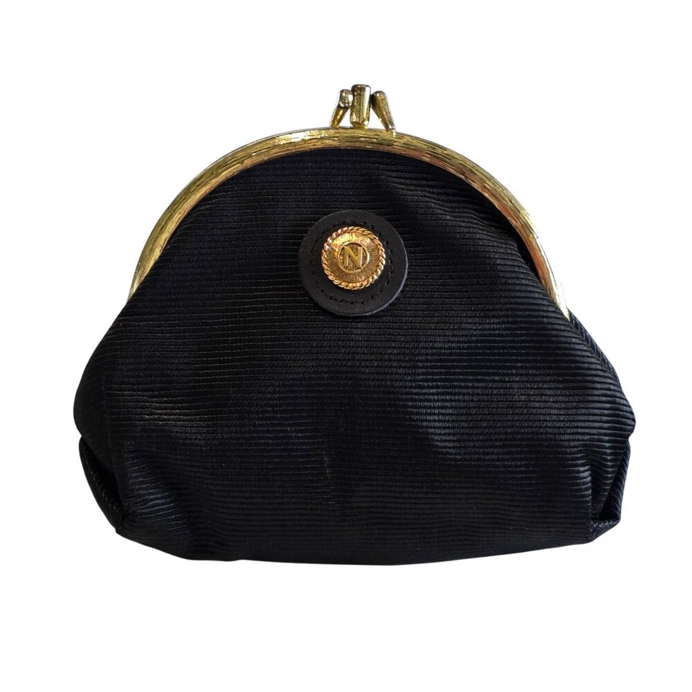 Vtg Nipon Black Micro Mini Clutch Coin Purse Mirror Gold Clam Ribbed 40s Minimal